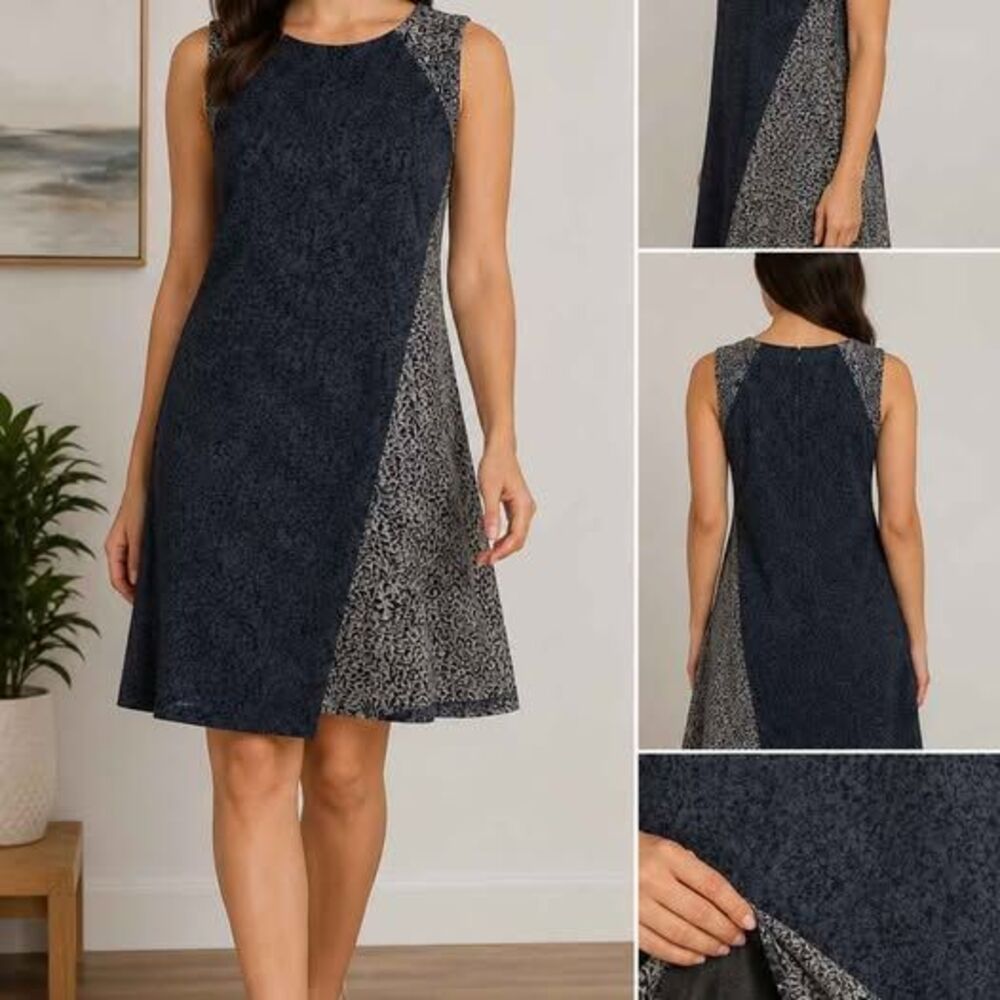 Nui Sleeveless A-Line Dress Size Large – Navy Blue & Gray Floral Print